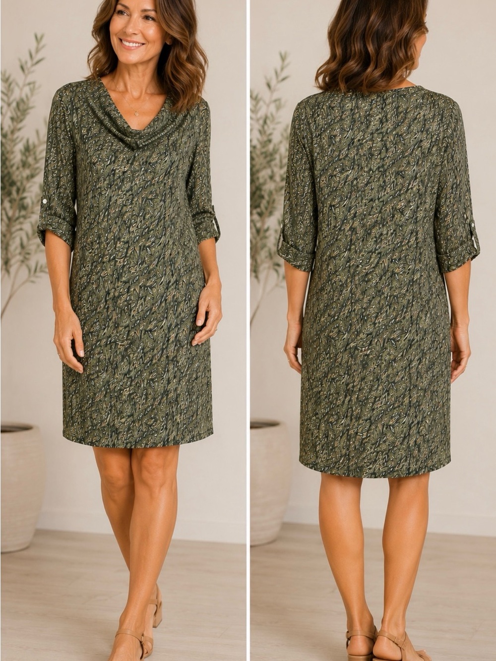 Italy Rare Silk Blend Tunic Dress Olive Green Leaf Print Lined Boho Chic Size L